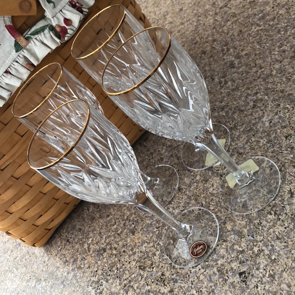 Gorham Star Blossom Gold Trim Full Lead Crystal Water Goblets Set of 4 Glasses - Picture 1 of 11